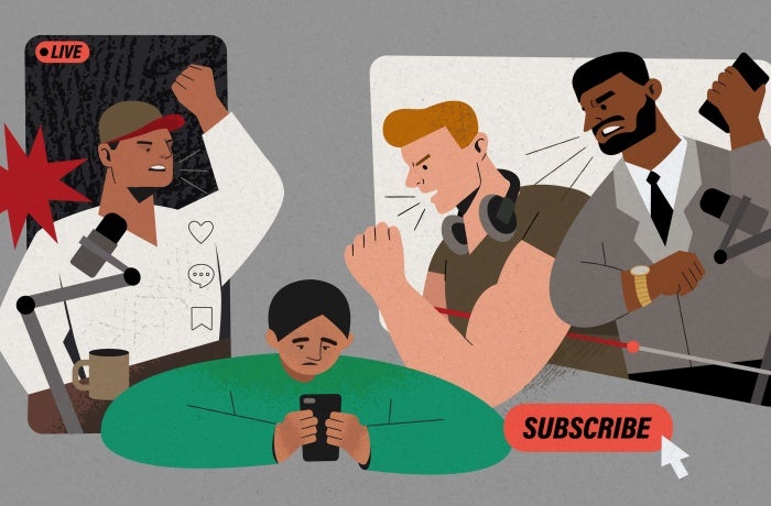 An illustrated graphic of the manosphere and its influencers surrounding a young man