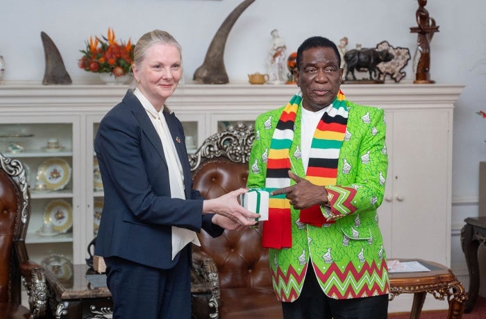UN Women Executive Board President Nicola Clase shakes hands with Zimbabwe President E.D. Mnangagw
