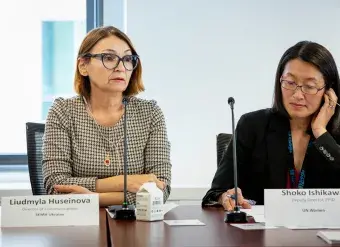 Lyudmila Huseynova (left) speaking at an event on Women, Peace and Security. Photo: Babita Patel